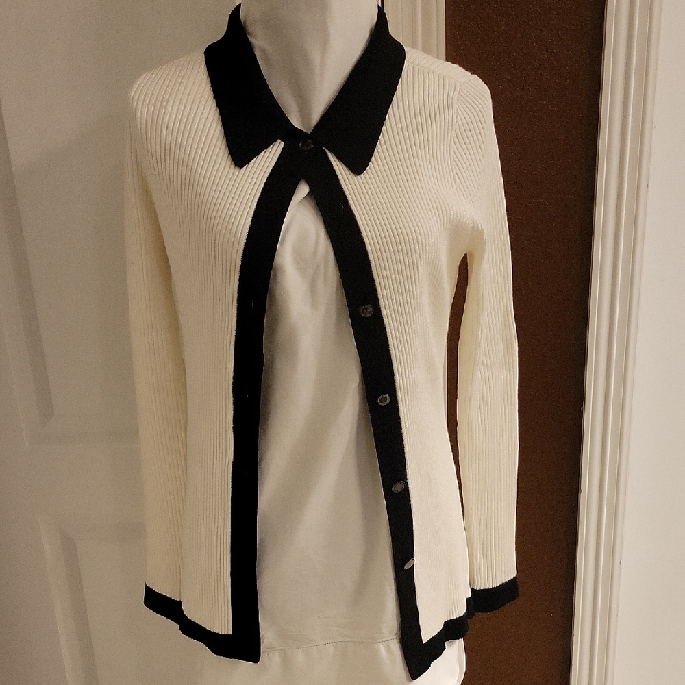 White House Black Market Cream Cardigan with Black Trim and Collar